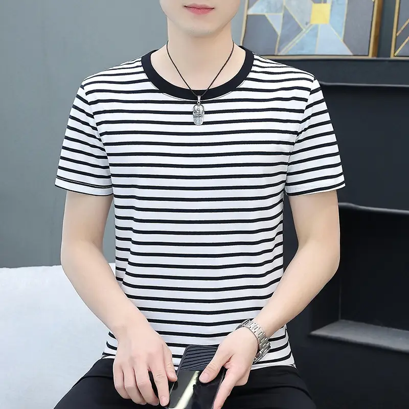 Men Striped Slim Fit T-Shirt Black White