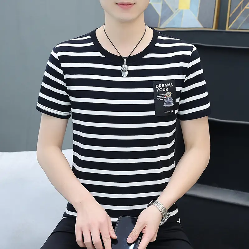 Men Striped Slim Fit T-Shirt Black White