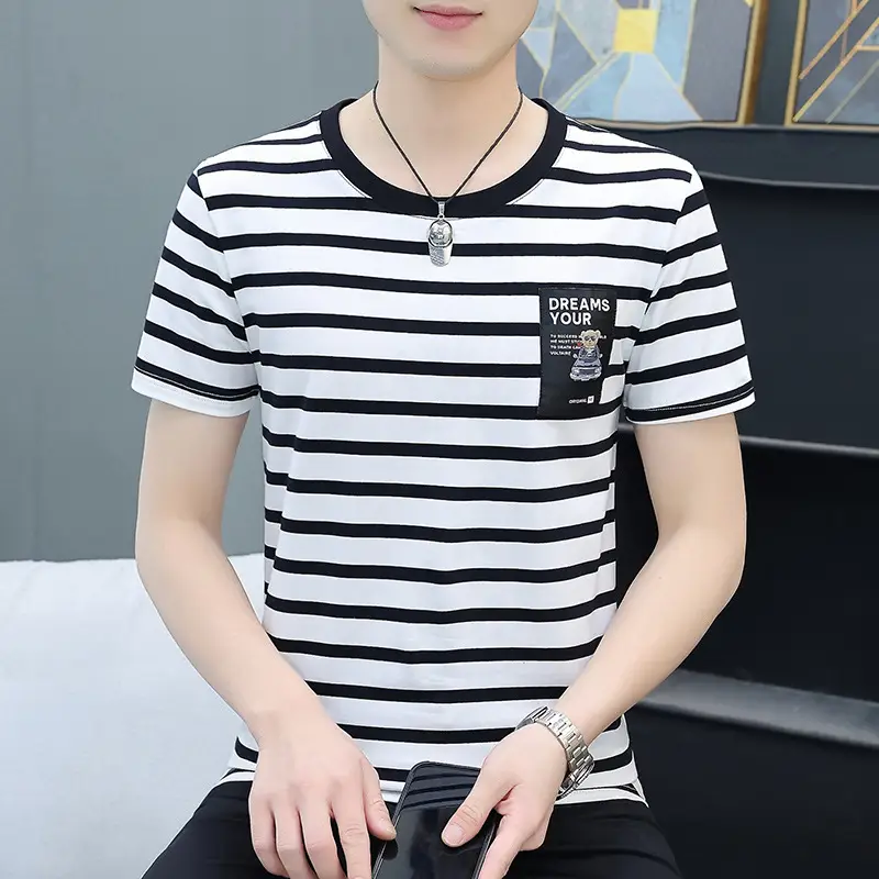 Men Striped Slim Fit T-Shirt Black White