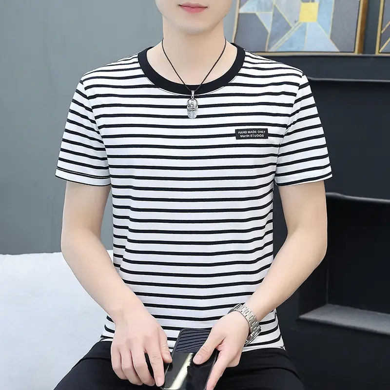 Men Striped Slim Fit T-Shirt Black White