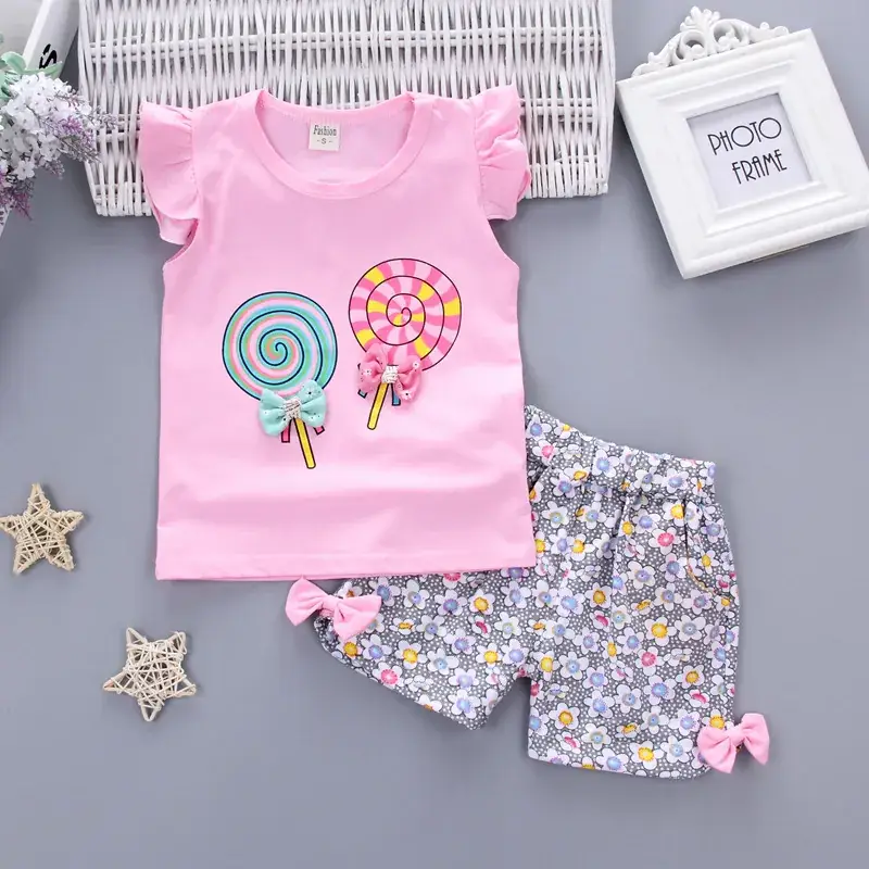 Baby Girl Cotton Vest Set Lollipop Flower Pants Summer Dress - Image 2