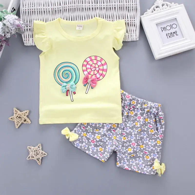 Baby Girl Cotton Vest Set Lollipop Flower Pants Summer Dress - Image 3