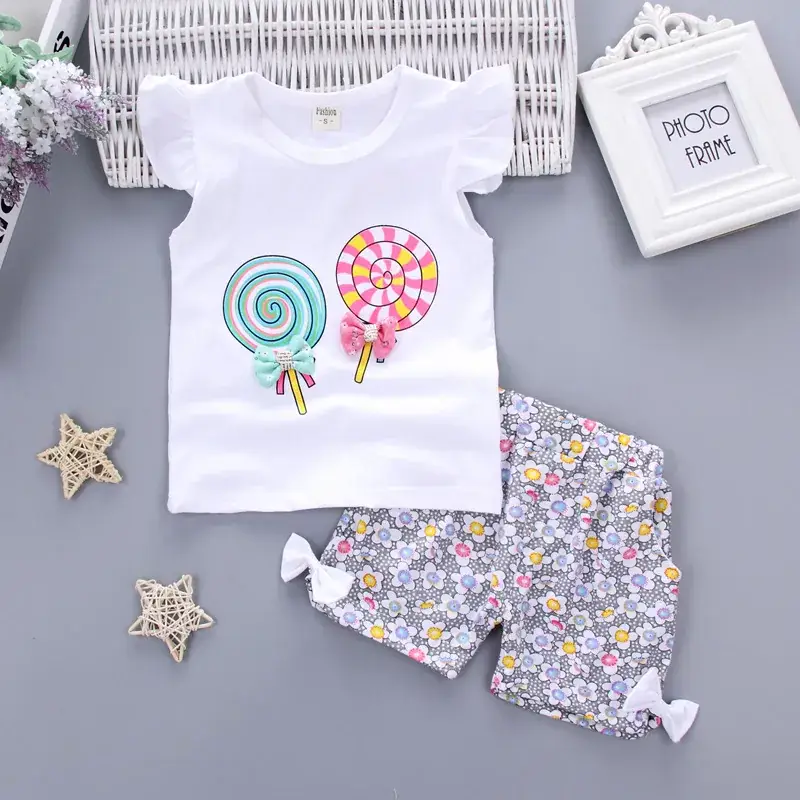 Baby Girl Cotton Vest Set Lollipop Flower Pants Summer Dress - Image 4