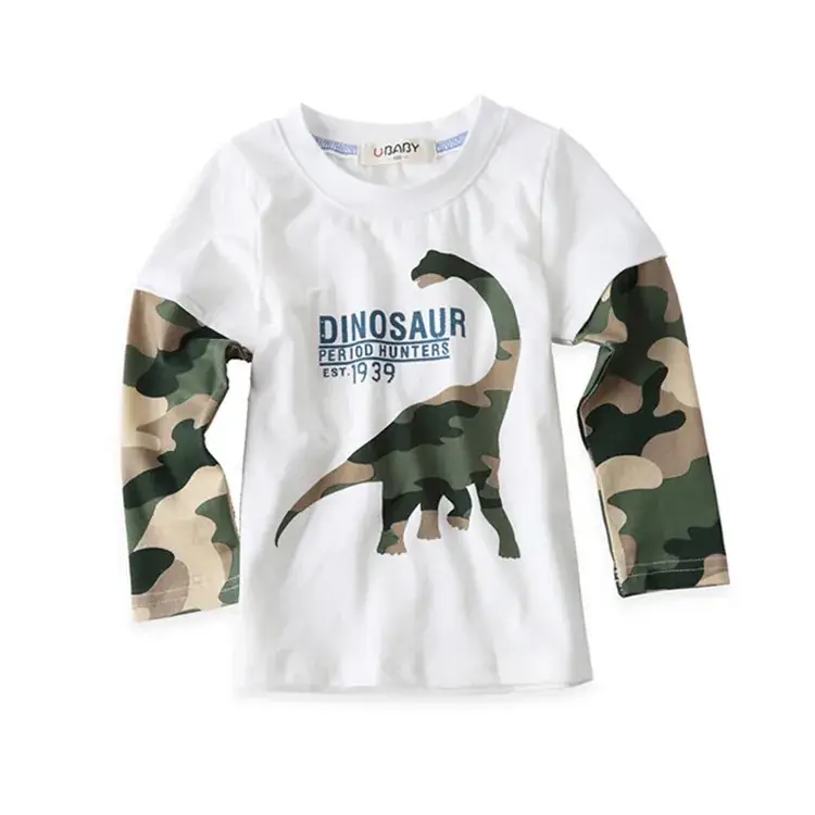 Boys Long Sleeve Dinosaur Camo T-Shirt White - Image 3