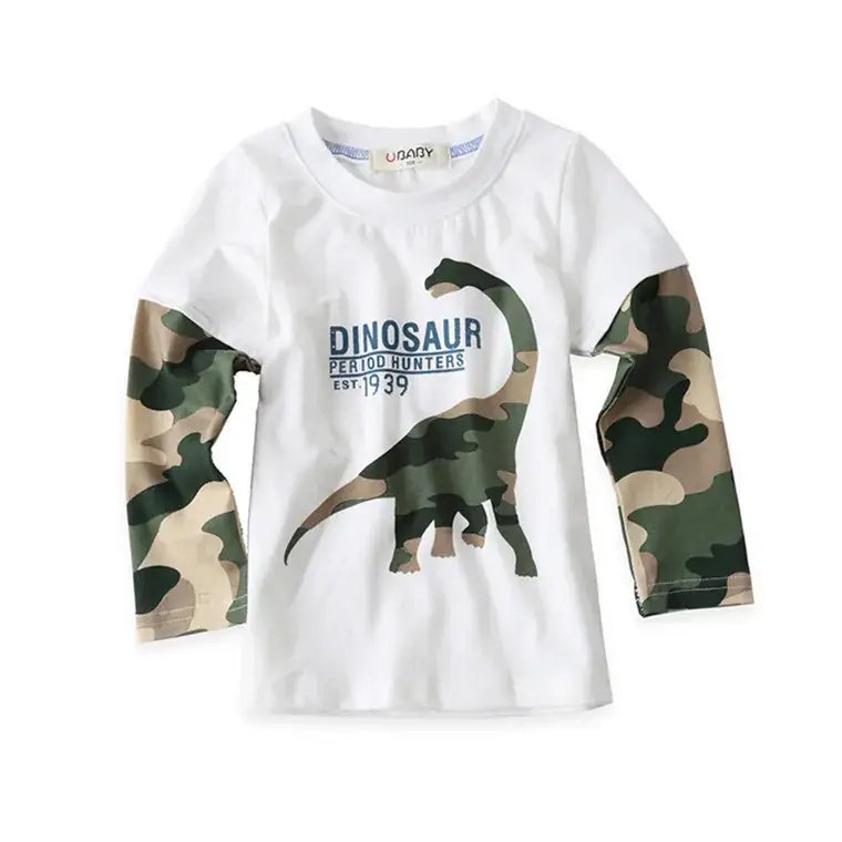 Boys Long Sleeve Dinosaur Camo T-Shirt White - Image 4