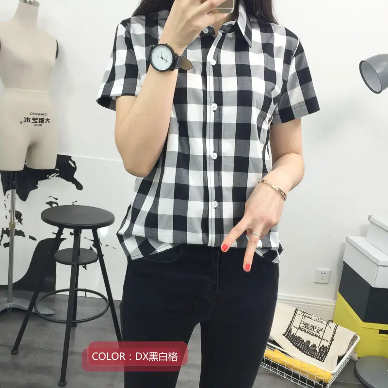Women Cotton Plaid Half Sleeve Shirt 2021 Spring Summer
