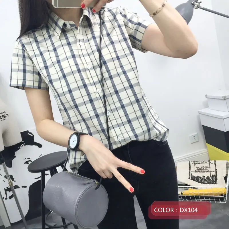 Women Cotton Plaid Half Sleeve Shirt 2021 Spring Summer