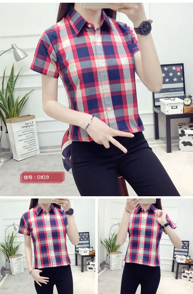 Women Cotton Plaid Half Sleeve Shirt 2021 Spring Summer