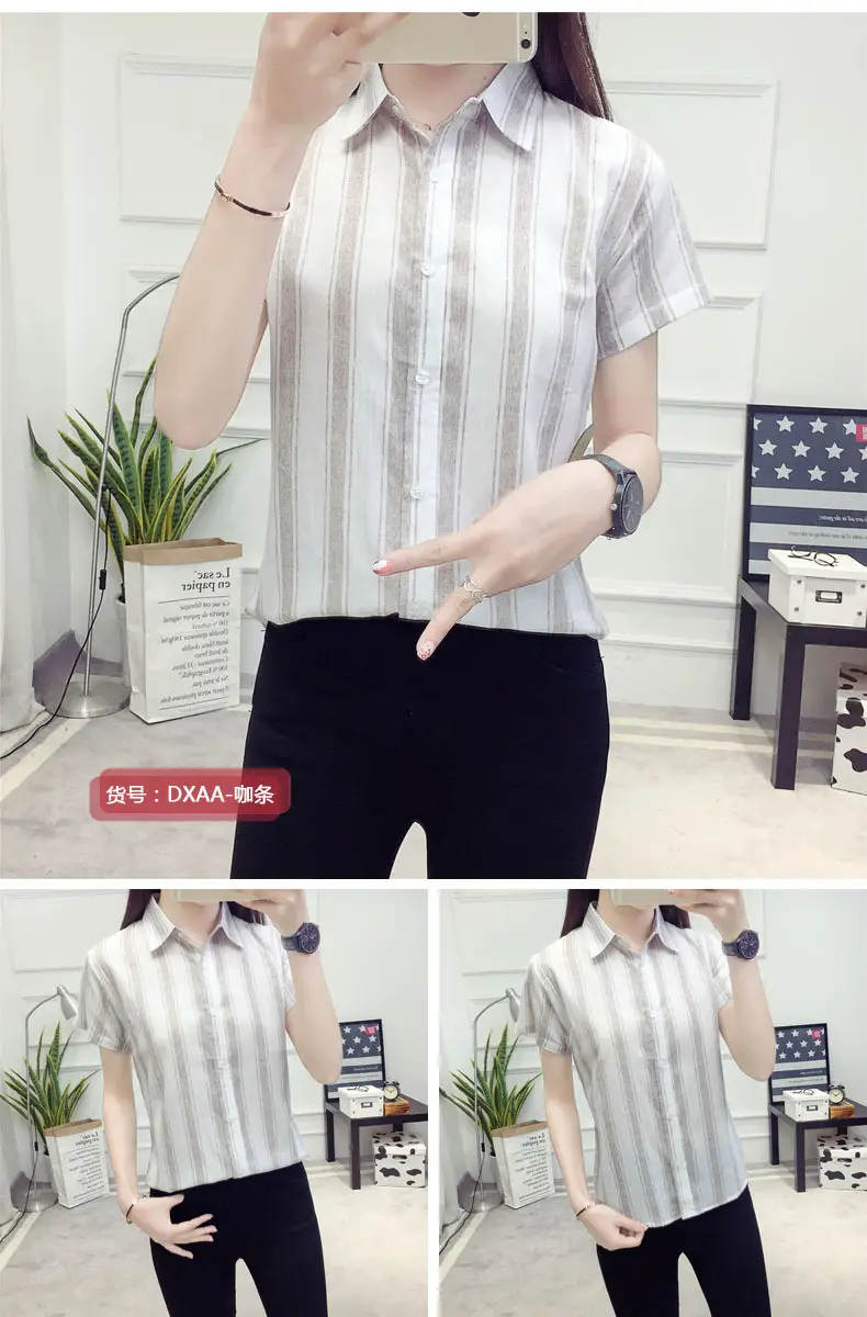 Women Cotton Plaid Half Sleeve Shirt 2021 Spring Summer