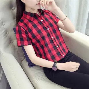 Women Cotton Plaid Half Sleeve Shirt 2021 Spring Summer — feature 15