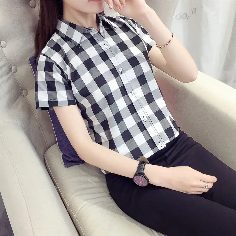 Women Cotton Plaid Half Sleeve Shirt 2021 Spring Summer