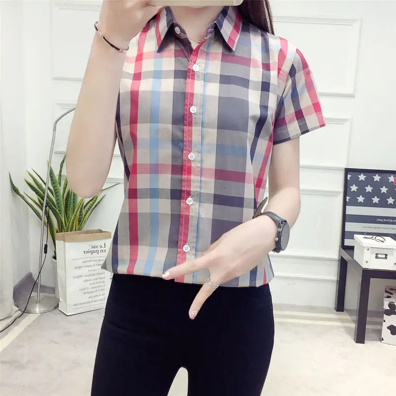 Women Cotton Plaid Half Sleeve Shirt 2021 Spring Summer