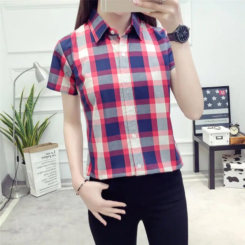 Women Cotton Plaid Half Sleeve Shirt 2021 Spring Summer