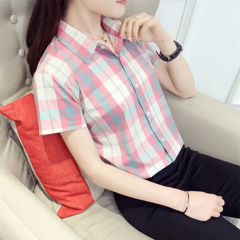 Women Cotton Plaid Half Sleeve Shirt 2021 Spring Summer