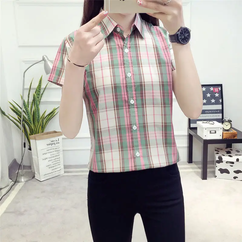 Women Cotton Plaid Half Sleeve Shirt 2021 Spring Summer