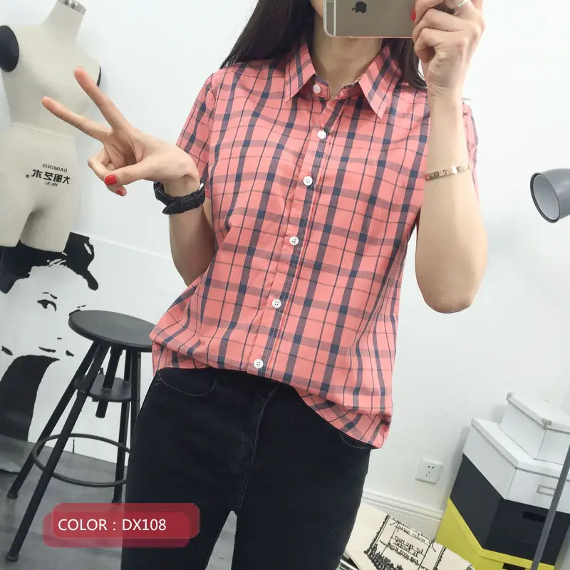 Women Cotton Plaid Half Sleeve Shirt 2021 Spring Summer
