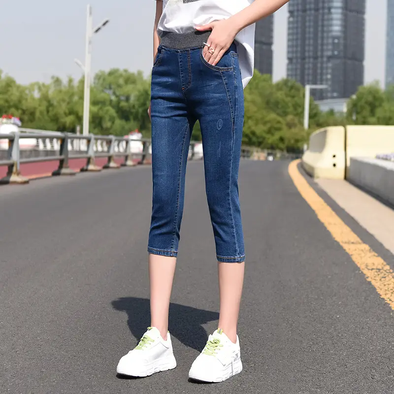 Women Blue Cropped Slim Fit Jeans Summer Casual - Image 4