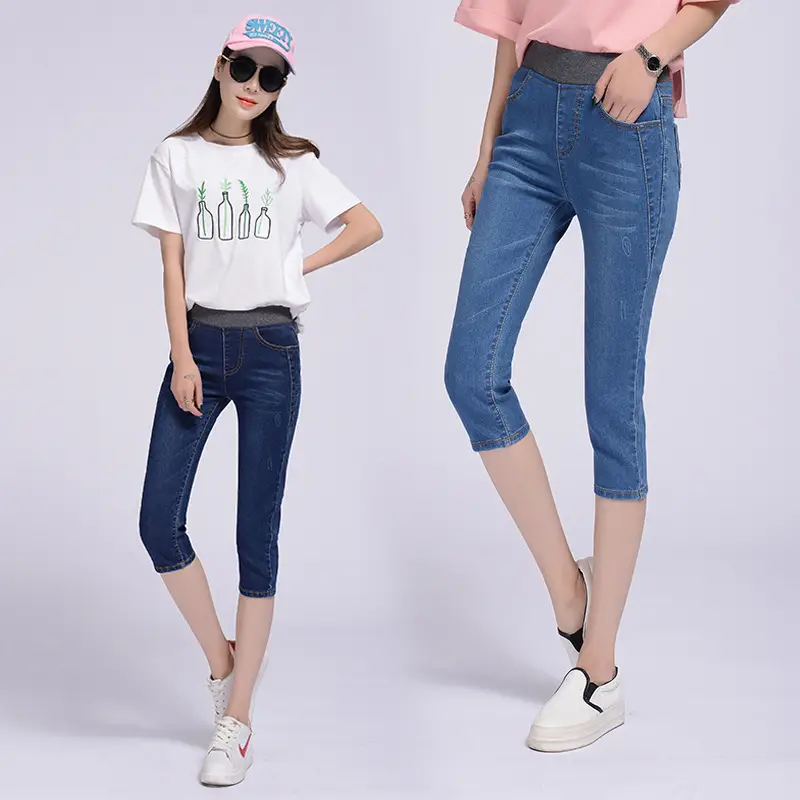 Women Blue Cropped Slim Fit Jeans Summer Casual - Image 5