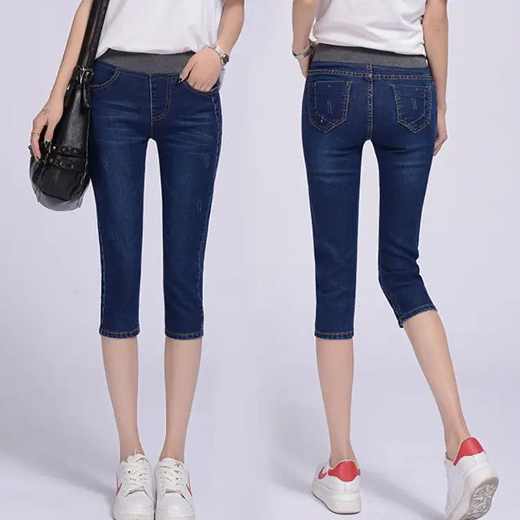 Women Blue Cropped Slim Fit Jeans Summer Casual - Image 6