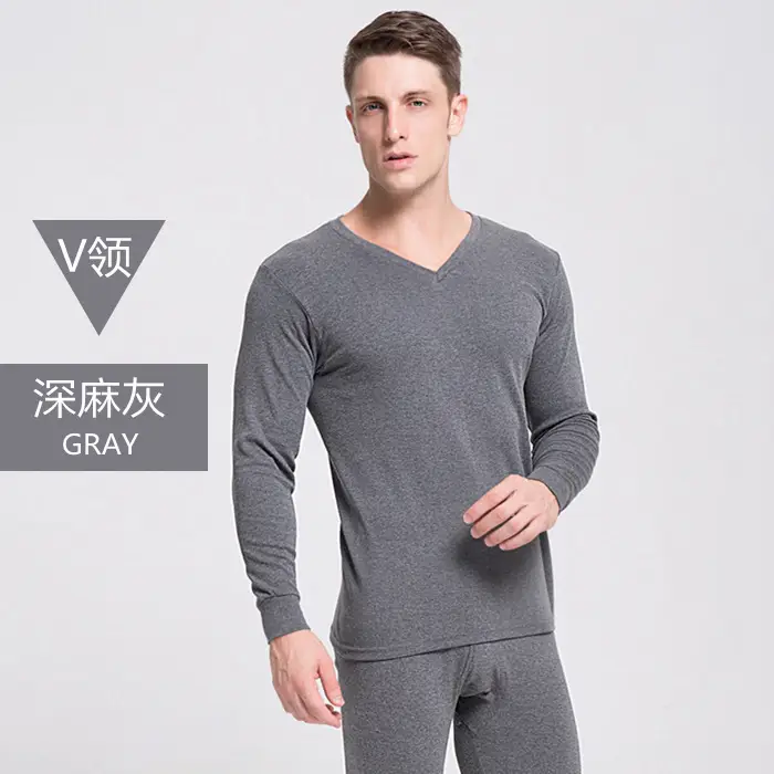 Men Cotton V-Neck Thermal Suit Gray - Image 12