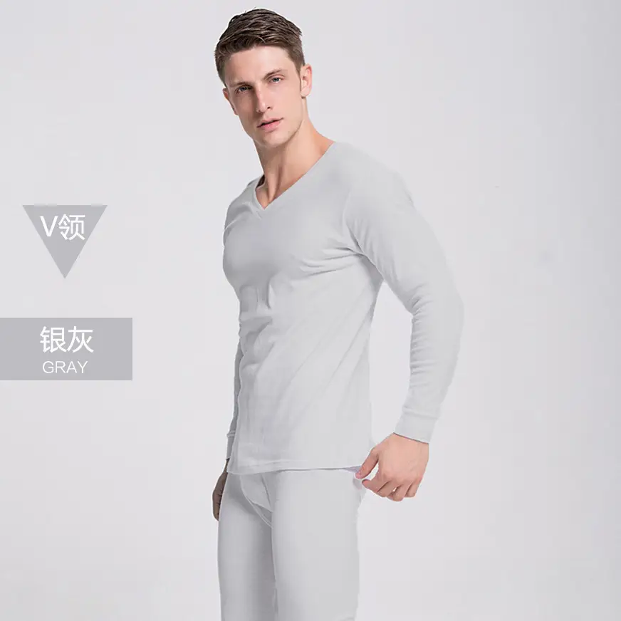 Men Cotton V-Neck Thermal Suit Gray - Image 14