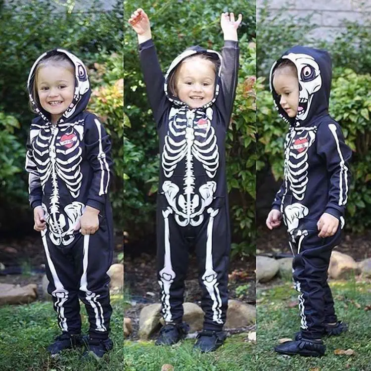 Baby Skull Skeleton Hooded Jumpsuit Black White - Image 3
