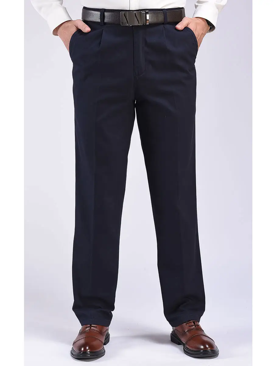 Men Navy Green Cotton Trousers High Waist Straight Fit