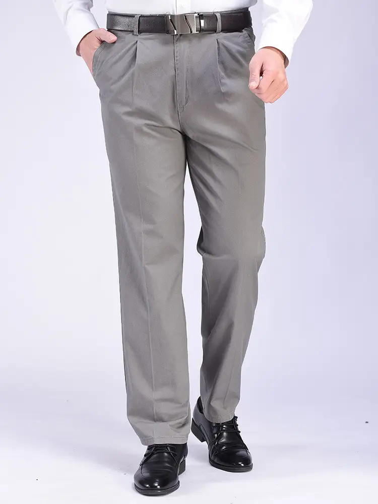 Men Navy Green Cotton Trousers High Waist Straight Fit