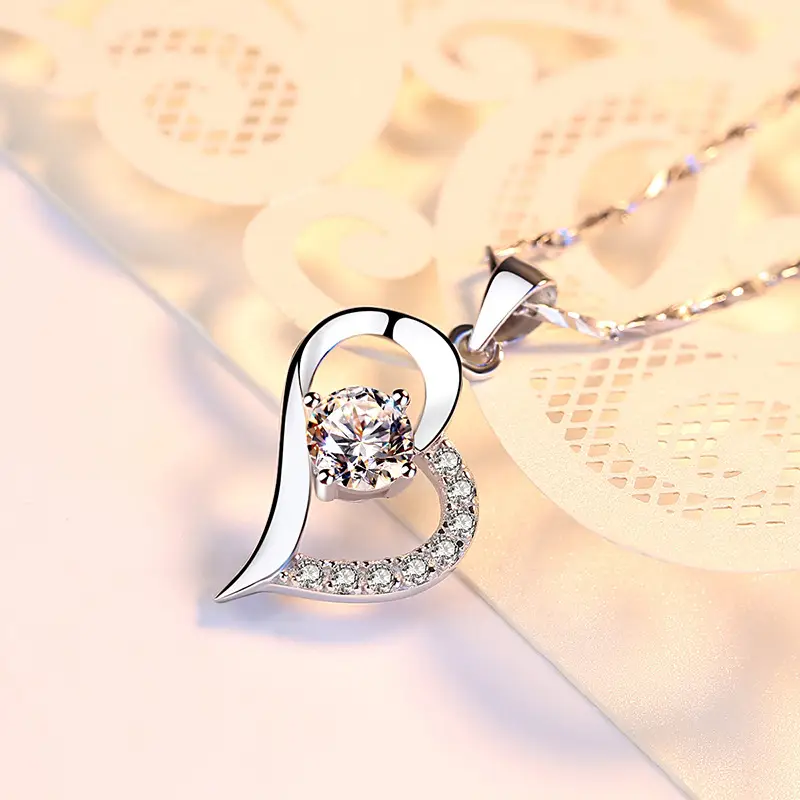 S999 Foot Silver Necklace Women Purple Crystal Love Shape Pendant - Image 5