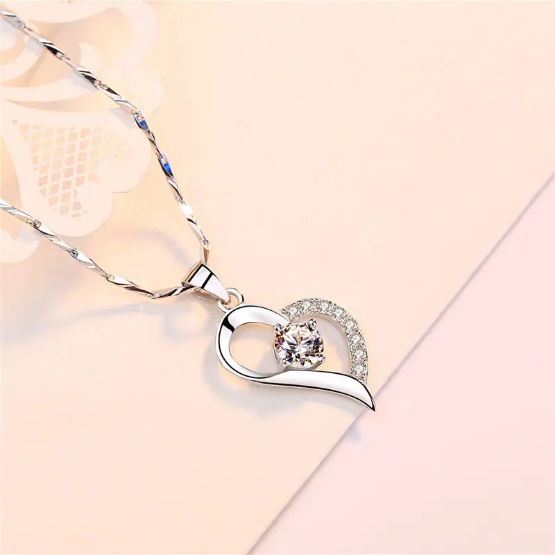 S999 Foot Silver Necklace Women Purple Crystal Love Shape Pendant - Image 6