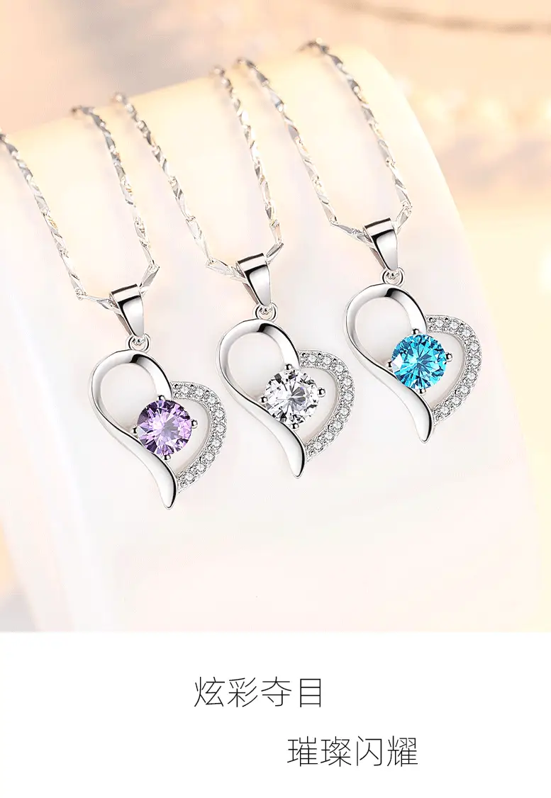 S999 Foot Silver Necklace Women Purple Crystal Love Shape Pendant — feature 8