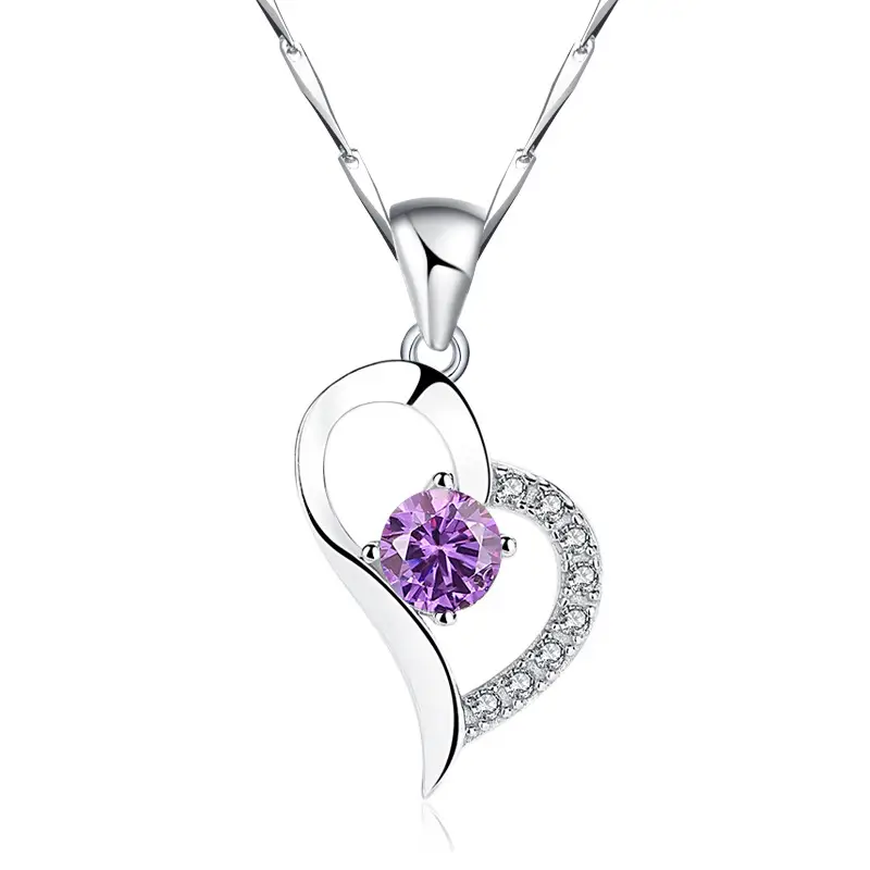 S999 Foot Silver Necklace Women Purple Crystal Love Shape Pendant - Image 2