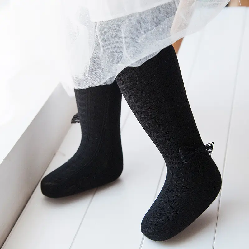 Girls Knitted Pantyhose Socks with Bow Small - Image 2