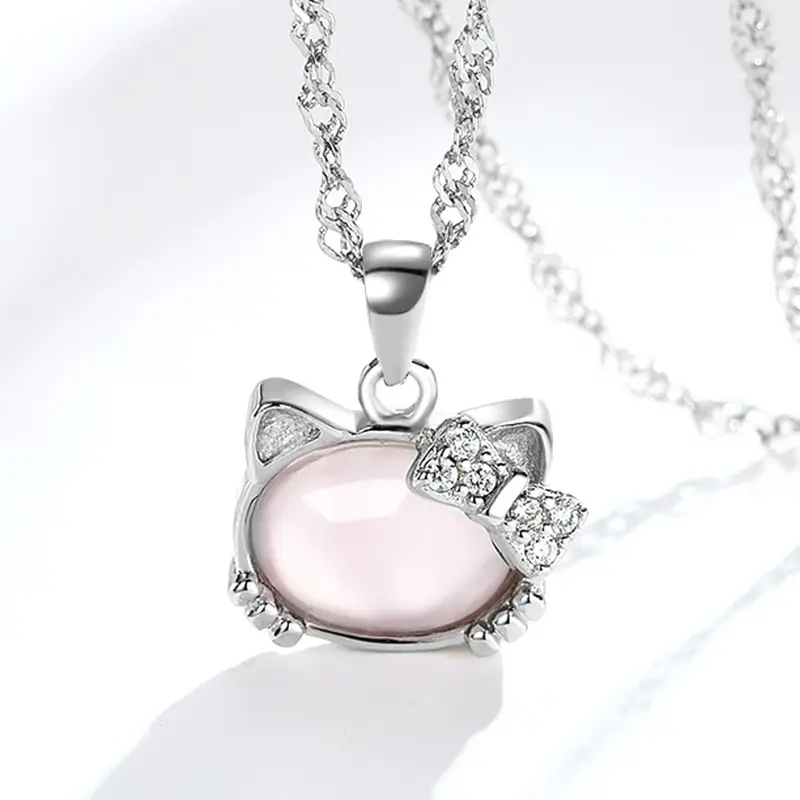 Silver Plated Cat Pendant with Pink Crystal Stone - Image 2