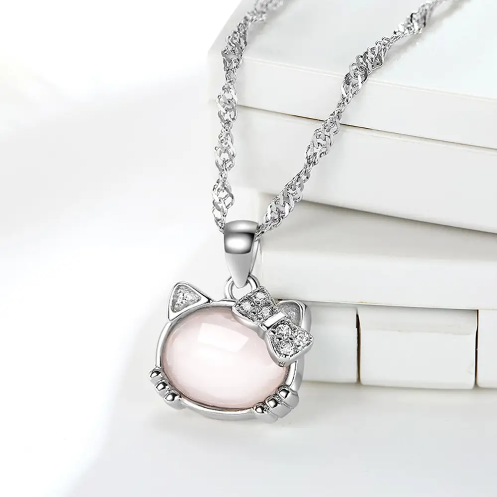 Silver Plated Cat Pendant with Pink Crystal Stone - Image 4