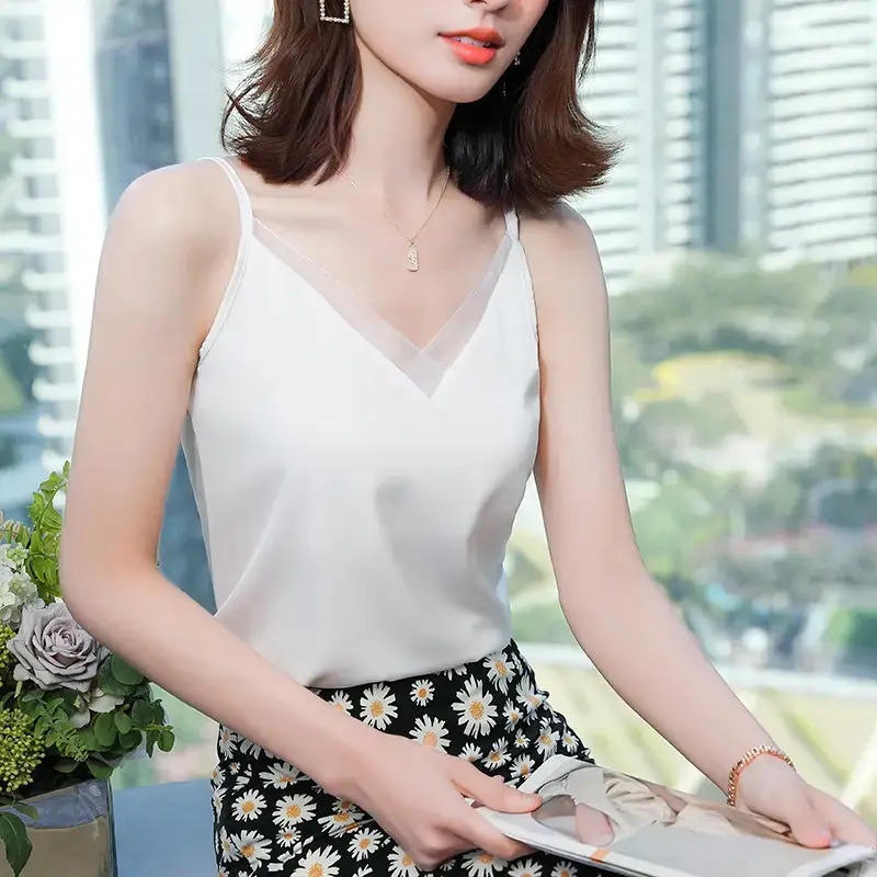 Women's Black V-Neck Sleeveless T-Shirt with Embroidered Lace Trim - Image 30
