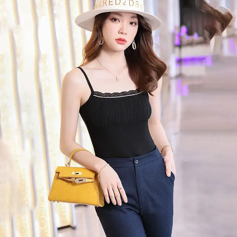 Women's Black V-Neck Sleeveless T-Shirt with Embroidered Lace Trim - Image 10