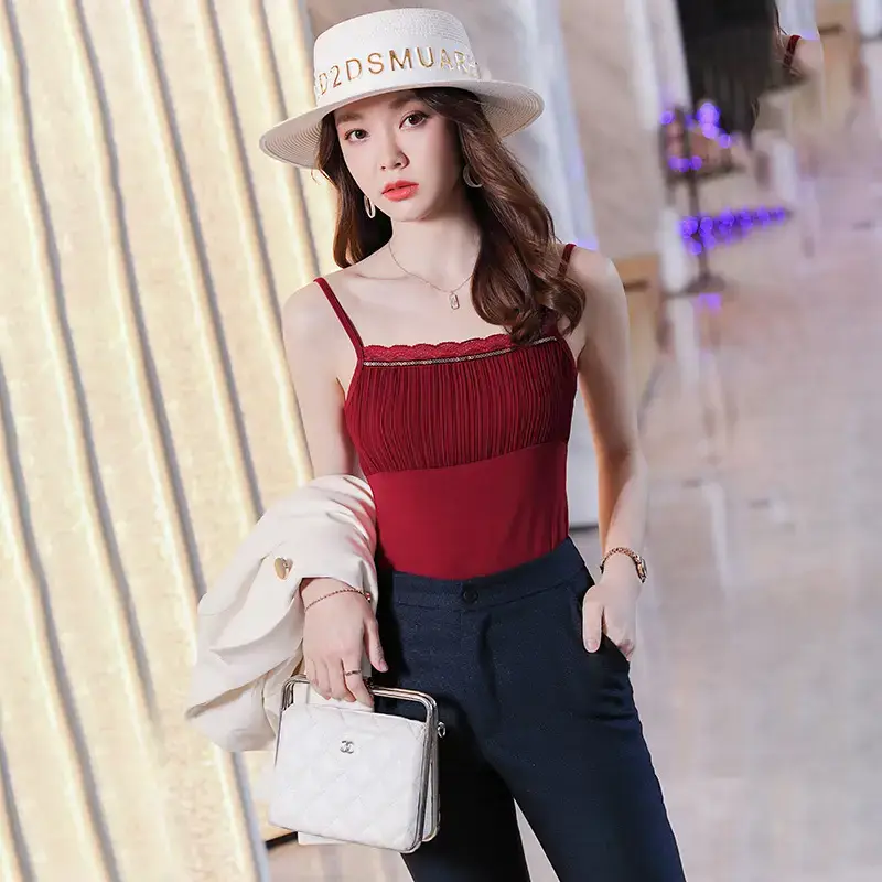 Women's Black V-Neck Sleeveless T-Shirt with Embroidered Lace Trim - Image 12