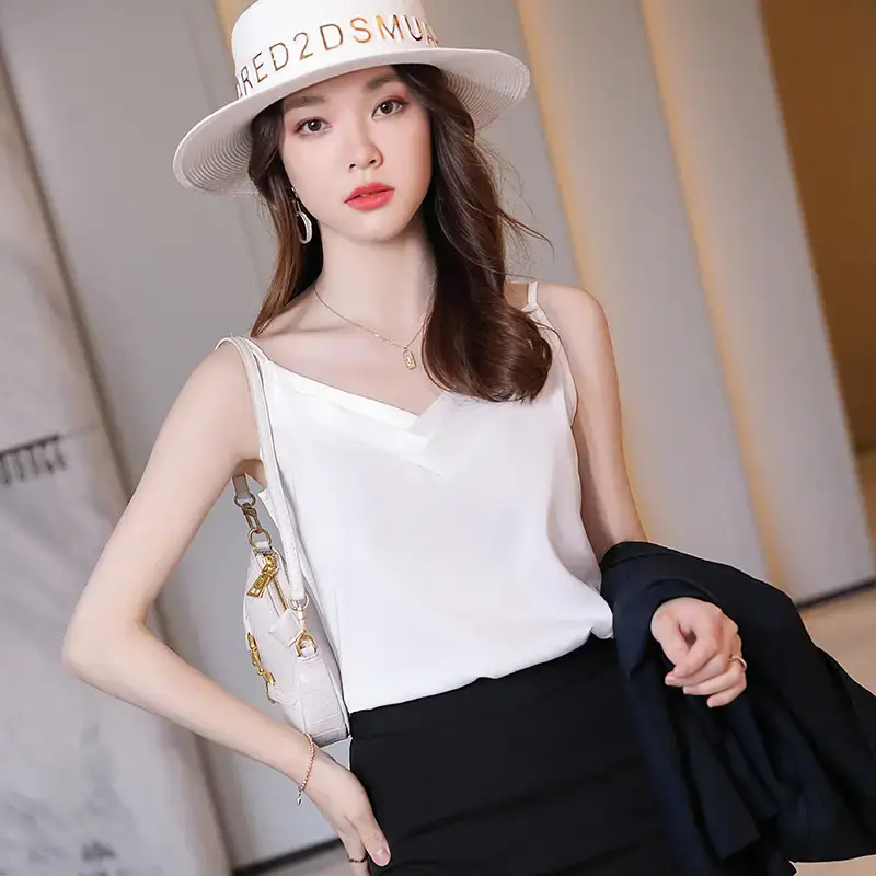 Women's Black V-Neck Sleeveless T-Shirt with Embroidered Lace Trim - Image 17