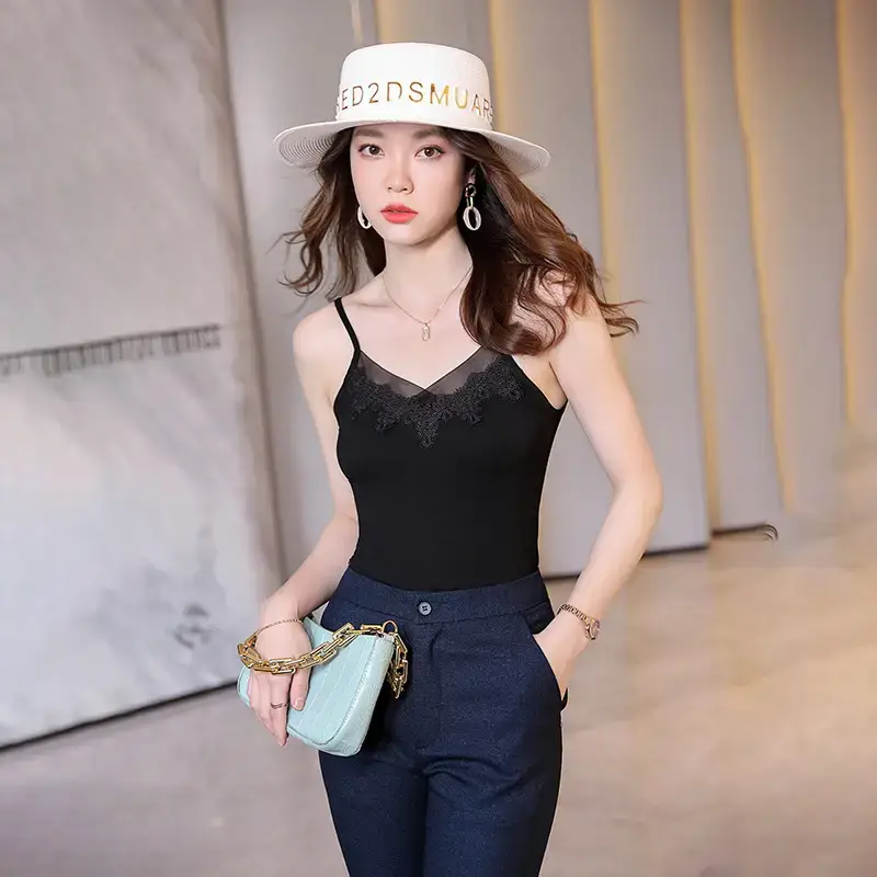 Women's Black V-Neck Sleeveless T-Shirt with Embroidered Lace Trim - Image 22