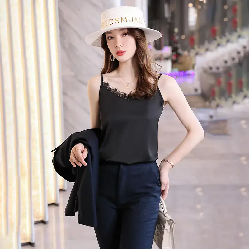 Women's Black V-Neck Sleeveless T-Shirt with Embroidered Lace Trim - Image 7