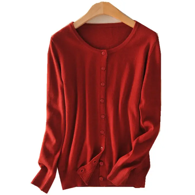 Women's Orange Knitted Round Neck Cardigan Jacket