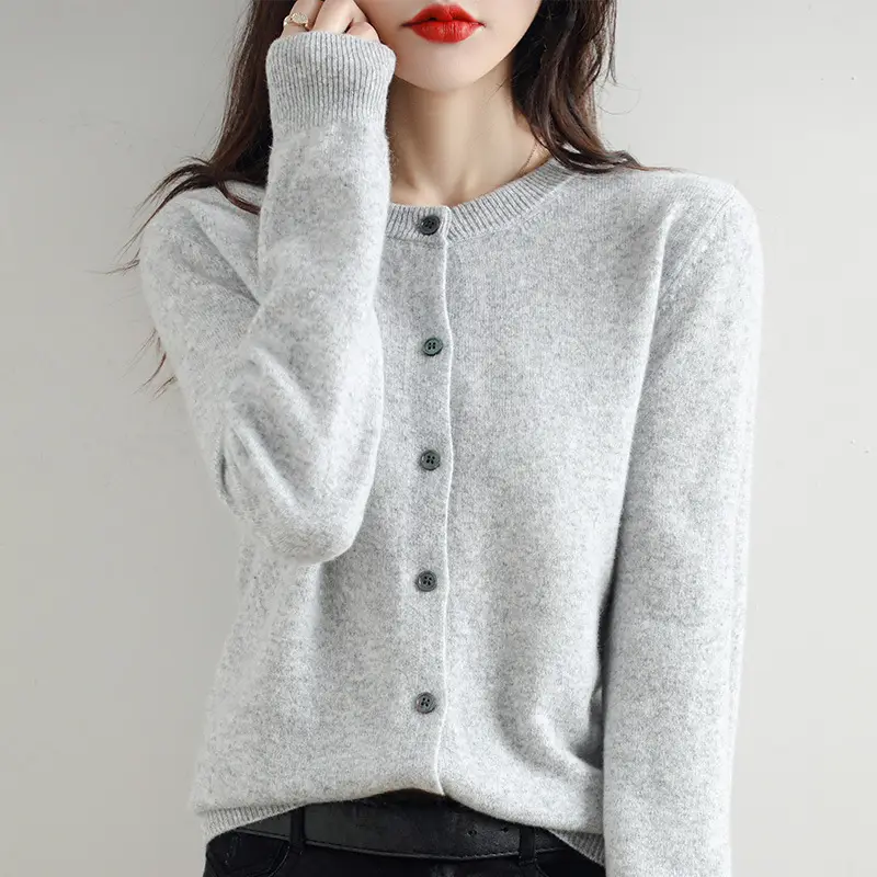 Women's Orange Knitted Round Neck Cardigan Jacket