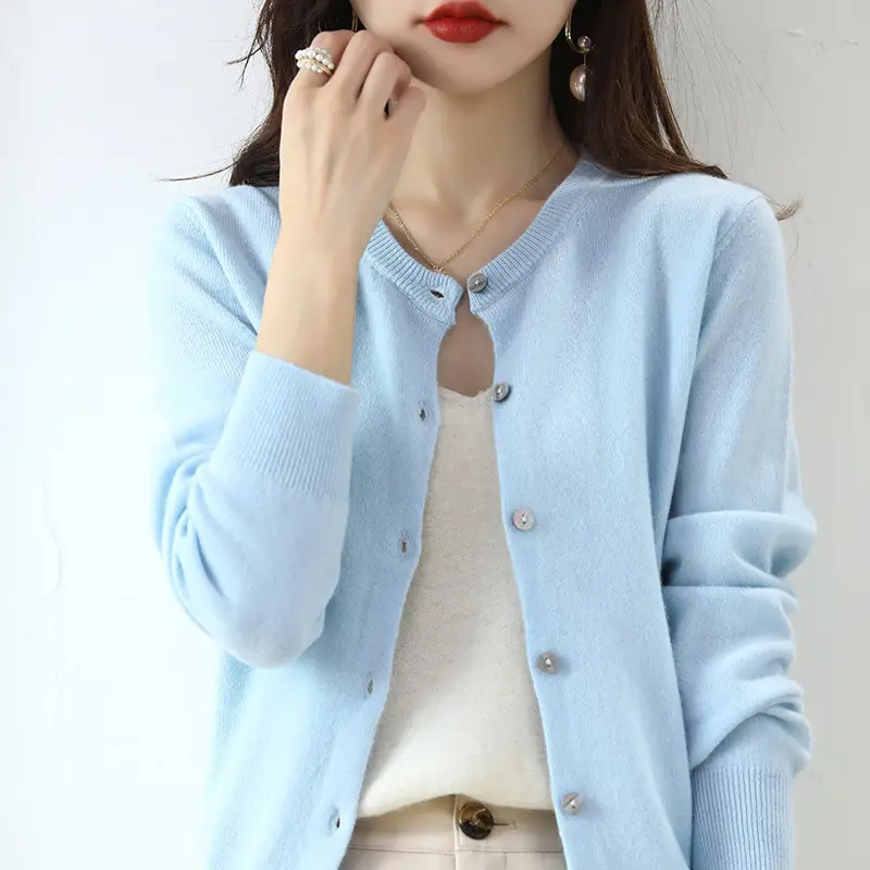 Women's Orange Knitted Round Neck Cardigan Jacket