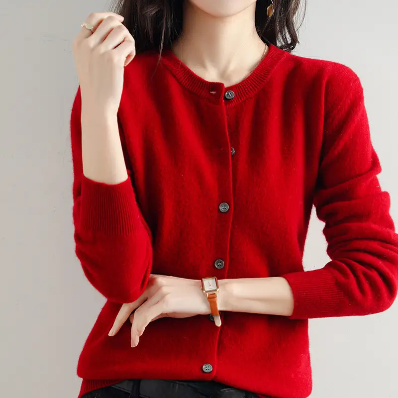 Women's Orange Knitted Round Neck Cardigan Jacket