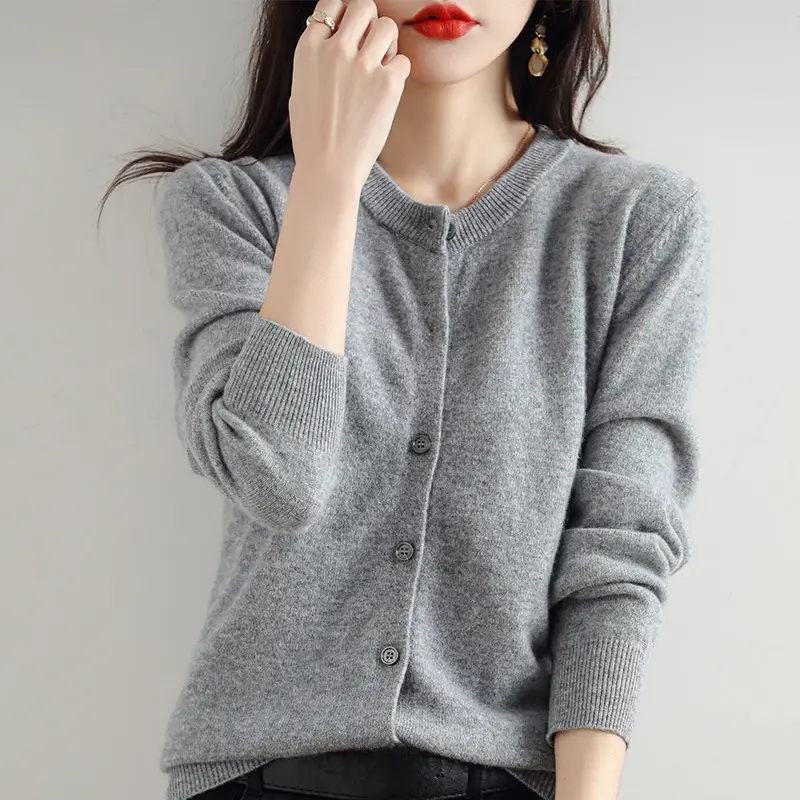 Women's Orange Knitted Round Neck Cardigan Jacket