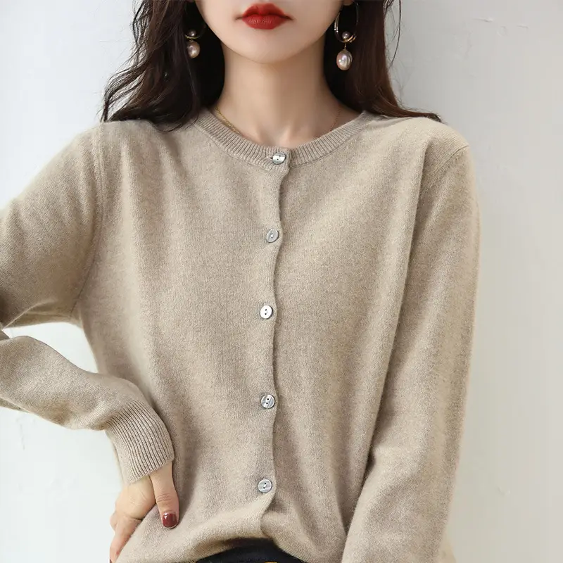 Women's Orange Knitted Round Neck Cardigan Jacket