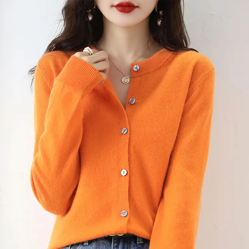 Women's Orange Knitted Round Neck Cardigan Jacket