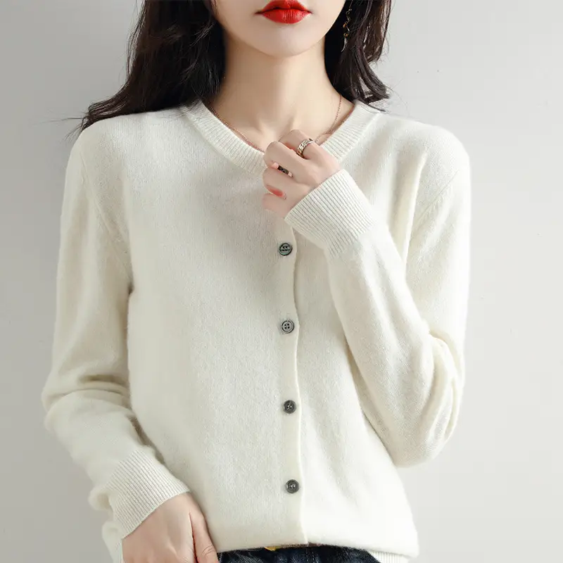 Women's Orange Knitted Round Neck Cardigan Jacket