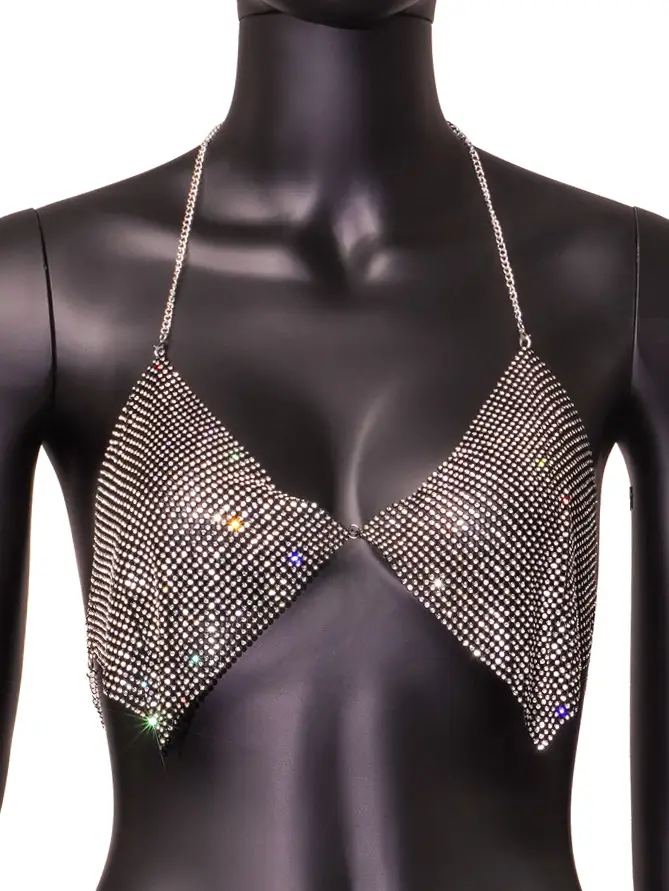 Hanging Neck Rhinestone Tube Top V-Shape Strap